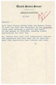 Memo Regarding Cherokee Claim Case and Attorney Fee Award, 1965-01-01 - 1966-12-31