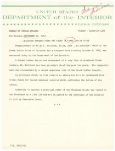 Reappointment of Waldo E. McIntosh as Principal Chief of Creek Indian Tribe Announced, 1963-09-20