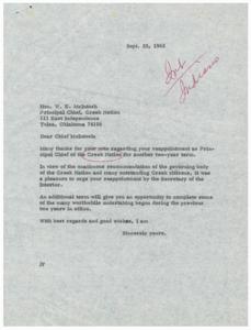 Reappointment of Principal Chief of the Creek Nation: A Letter Exchange between W.E. McIntosh and Senator Mike Monroney, 1965-01-01 - 1966-12-31