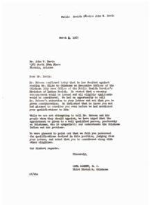 Seeking Consideration for Executive Officer Position in Oklahoma City Area Office of Public Health Service&#39;s Division of Indian Health, 1967-02-26