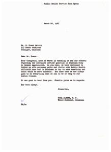 Support and Appreciation from Dr. B. Frank Belvin to Congressman Carl Albert, 1967-03-15
