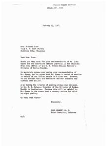 Recommendation for Executive Officer Position in U.S. Public Health Service Division of Indian Health, 1967-01-17