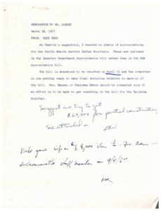 Update on Appropriations for Public Health Service Indian Hospitals, 1967-03-30