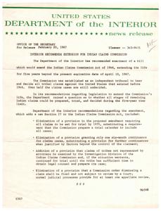 Interior Department Recommends Extension for Indian Claims Commission Act, 1967-02-20