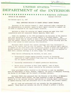 Secretary Udall Announces Changes to Asphalt Import Program, 1967-04-12