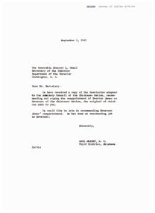 Recommendation for Reappointment: Overton James as Governor of the Chickasaw Nation, 1967-01-01 - 1967-12-31