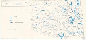 ["This is a comprehensive documentation of various water resources, landmarks, and projects across several counties in Oklahoma, compiled by the Oklahoma Water Resources Board. The document includes existing and under construction locations, as well as proposed canals and authorized navigation, lock and dam sites. It also mentions specific project details found in Albert Maps #187 and Albert Projects, Box 11, Folder 13."]