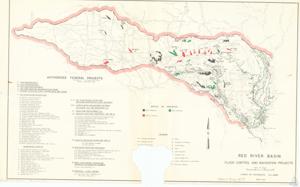 ["The document describes a comprehensive map and project documentation of various reservoirs, rivers, and flood control projects in the regions of Oklahoma, Texas, Arkansas, and Louisiana. It includes detailed information about the status of projects, such as work completed, authorized, and in progress. It also includes details about specific features like channel improvements, navigation canals, floodgates or spillways, locks and dams, and more. The projects are labeled with specific codes and the document also provides a legend for easy interpretation. The document dates back to March 1967."]
