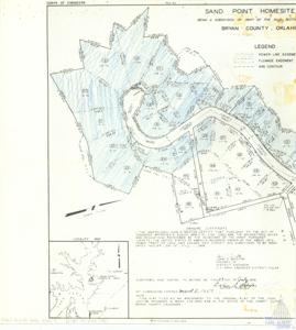 ["The document details a subdivision project by the Corps of Engineers in the Sand Point Homesite, part of the N1/2 section in Bryan County, Oklahoma. It features a legend key, power line and flowage easements, contour lines, and road placements. It includes a certification from John D. Bristor, District Engineer, stating the project's accordance with Congress-approved regulations. The document, dated 23rd July 1958, is an amendment to the original plat recorded in Book 279, Page 638, in the Bryan County Clerk's Office."]