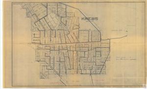 ["The document pertains to the Krebs Sewer Improvement project, specifically Map Sheet No. 2 and Match Line Sheet No. 3. It includes details about the R 15 E Krebs Oxidation Pond and a reference to further information in Insert A. Some elements have been omitted. The map is labeled as Albert maps #203."]