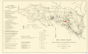 ["The document is a map detailing various federal projects, mainly focusing on flood control and navigation in areas such as Tulsa, Canadian, Fork, Amarillo, Altus, and Denison. It indicates the status of different projects, whether they are completed, authorized, or in progress, and also outlines recommended improvements. The map includes a legend signifying channel improvements, navigation canals, bank protection, dams and reservoirs, embankments, roads, floodgates, locks, and pumping plants. The projects are spread across regions in Texas, Oklahoma, Arkansas, and Louisiana."]