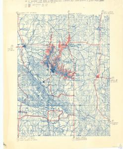["The document is a project map detailing three streams at various elevations, with a noted correction from the original. It also provides distances between various locations, such as Oklahoma City, Ada, Shawnee, Tulsa, Duncan, Atoka, Ardmore, Dallas, Madill, Fort Worth, and Durant. The map includes other specific details and landmarks, such as U.S. 10 and U.S. 77. Removed from a brochure on proposed Rock Creek Dam, 1956 file. Map is annotated and hand- colored."]