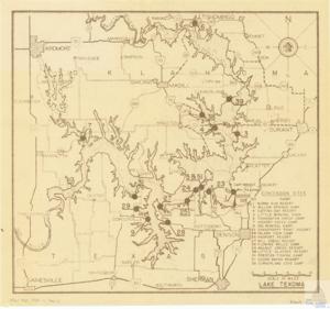 ["The documentation presents a detailed map of various locations and sites including RAVIAC, TISHOMINGO, MANNSVILL, ARDMORE, PROVENCE, SIMPSON, NIDA, LAKE MURRAY, MADILL, CUMBERLAND, OVERBROOK, SILO, CLIFF, MEAD, KIERSEY, KINGSTON, DURANT, MARIETTA, SHAY, CALERA, PLATTER, WILLIS, ENOS, FERRY, CARTWRIGHT, COLBERT, DEXTER, DENISON, and THACKERVILLE. It also includes information about various resort and camping sites such as BURNS RUN RESORT, WILLOW SPRINGS CAMP, CATFISH BAY RESORT, LITTLE MINERAL DOCK, PENNINGTON CREEK CAMP, HICKORY CREEK CAMP, BIG MINERAL CAMP, GRANDPAPPY POINT RESORT"]
