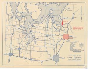 ["The document is a detailed map of the Lake Texoma area, distributed by the Denison Chamber of Commerce and drawn by H.A. Marsh in 1945. It features various geographical locations and points of interest, including Kingston, Madill, Washita Arm, Caney Creek Area, and the Enos region. The map also highlights various highways, roads, county lines, state boundaries, airports, schools, cemeteries, and public boat launching areas. It includes a legend and a graphic scale in miles. The text at the bottom of the map states that clear water can always be found near the dam, regardless of rains or floods."]