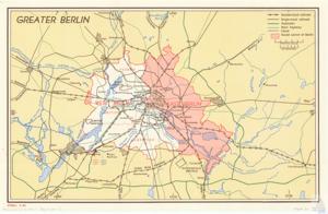["The document describes a map of the Greater Berlin area, indicating various locations like Orangeburg, Wandlitz, Birkenwerder, Velten, and Hennigsdorf. It also outlines different transportation routes such as double-track and single-track railroads, autobahn, main highways, and canals. The map includes sectors under Soviet and Allied control, and points of interest like the Tegel Airfield, Spandau, Wedding, Tiergarten, West Berlin, East Berlin, and Potsdam. It also incorporates measurements in statute miles and kilometers."]