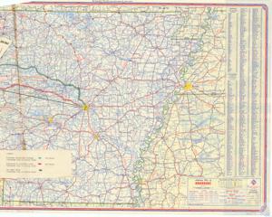 ["The document provides detailed information about a proposed intrastate highway from Oklahoma City to Little Rock, including city populations, alternate routes, air lines, highway markers, mileages, and map symbols. It also includes a legend and a speed limit of 60 miles per hour."]