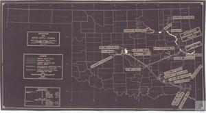 ["The document is a March 1955 water supply and navigation study of South East and Central Oklahoma by consulting engineers G.B. Treat and F.J Wilson. It details various reservoirs including Oologah, Keystone, Lake Overholser, Webbers Falls, and Eufaula. It also includes cities such as Oklahoma City, Union City, and Catoosa. The document further provides information on domestic water routes, navigation routes, a combined navigation and domestic water supply, and supplementary water supply canals. It also contains a graphic scale of reservoirs and mileages for various routes."]