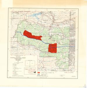 ["The document describes a detailed map of the Ouachita National Forest in Oklahoma, produced by the U.S. Department of Agriculture Forest Service in 1964. The map includes geographical coordinates, topographical features, township and range lines, and various types of roads and trails. It also depicts important landmarks like triangulation stations, lookout stations, churches, schools, and cemeteries. The map also outlines boundaries of national forest land, intensive wildlife management areas, and other significant areas, and provides locations of district ranger stations, fireman ranger stations, and the Forest Supervisor's Office."]