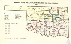 ["The document provides information on the members of the Oklahoma State Senate in the 31st Legislature in 1967, including their names and the counties they represented. It also lists the population figures for each county based on the 1960 census, with a total population of 2,328,284. The data is presented in a map-like format, with each county's representative and population listed separately."]