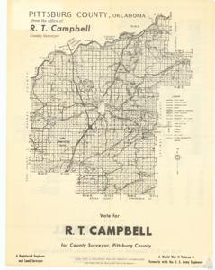 ["The document is a detailed map of Pittsburg County, Oklahoma, showing various features such as paved, graveled, and improved roads, U.S. interstate highways, state highways, railroads, municipal township lines, commissioners districts, streams, schools, chapels, electric lines, military reservations, ammunition depots, and borders. It also includes information about R.T. Campbell, a World War II veteran and registered engineer who is running for the position of County Surveyor. The reverse side of the document contains a map of the city of McAlester."]