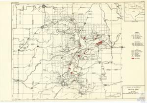 ["This document is a detailed project map from the U.S. Army Corps of Engineers, showcasing the geographical layout of several U.S. states including Oklahoma, Colorado, Kansas, Missouri, Arkansas, and Texas. It contains notable features such as the Muskogee River, Eufaula Reservoir, various counties and cities, and specific range coordinates. The map also includes detailed information about reservoir data, flood control storage, power storage, reservoir area, shorelines, and relocated roads and railroads. It provides the locations of commercial airports, public use areas, and an array of other important landmarks. The map seems to have been created or updated in 2007 and originally in 1956."]