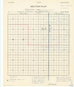 ["The document is a section plat map from Manly Office Supply Co., file #A-26, dated 5-28-52, for Choctaw County in Oklahoma City. The map details the township No. 7 South Range 18$19EAST of Principal Meridian, with a legend listing names like Florence Gamble and Troy Mantooth. It includes references to various plot numbers, specific locations, and instructions for reaching existing lines. It is part of Albert Maps, Folder 4, Item 107 in the Carl Albert  Center."]