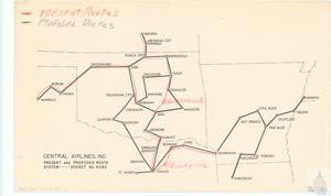 ["The document outlines the present and proposed routes for Central Airlines, Inc., covering numerous cities from Wichita to Dallas. The data is part of a project titled as 'Docket No. 4083' and is categorized under Albert, Maps, Folder 4, Item 110."]