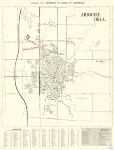 ["The document provided by the Ardmore Chamber of Commerce is a detailed map of Ardmore, Oklahoma, featuring key locations such as Donick Hill Country Club, Prairie Valley Road, and Roff Park among others. It also includes an index to city streets and a list of important establishments such as schools, public buildings, and hospitals. The establishments listed range from Charles Evans School and Ardmore Public Library to Southern Memorial Hospital and the U.S. Post Office."]