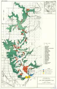 ["The document is a map of the Oologah Lake Project by the U.S. Army Corps of Engineers, featuring various geographical locations and points of interest such as Fort Gibson Reservoir, vicinity maps, dam sites, and public sites. It also includes details about property transfers, scale miles, and distances to various locations. The map is part of the Lake Shore Management Plan, created in April 1975 by the U.S. Army Engineer District, Tulsa Corps of Engineers. It is stored in the Albert Center, under the Albert Department, box 127, Folder 52, Maps F4, and is labeled as Item 82."]