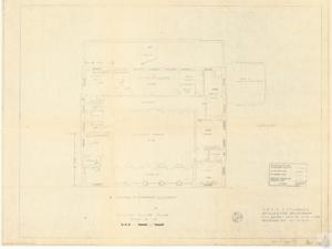 ["The document is a detailed map or project plan of the second floor of the U.S. Post Office & Courthouse in McAlester, Oklahoma. It includes locations and designations for various rooms and areas such as the roof, vault, toilets, various courts, and offices for the U.S. Attorney and Judges. The plan also includes specific area measurements, notes about optional and temporary assignments, and references to revisions by B.H. on 12-15-64. This plan was drawn by D.L.B on 4-13-59 with a scale of 1-1-0. It is located in the Albert Mars Folder 5, Item /201, Box 13 Folder 19 at the Carl Albert Center."]