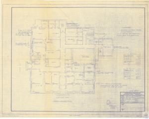 ["This is a detailed project documentation of the first floor plan for a U.S. Post Office and Courthouse located on Third Street in McAlester, Oklahoma. It includes various elements like shelving, store, testing area, telephones, private office, reception, toilet, work area, a coat area, and mechanical and construction areas. The document also specifies details about partitions, relocating platforms, air conditioning units, and adjustable shelves. It was created by the General Services Administration Public Buildings Service in Washington D.C."]