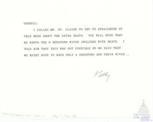 ["The document discusses a conversation with Mr. St. Claire regarding the arrangement of extra seats for eight senators' wives. It was concluded that the seating might have to be limited to four senators and their wives. This information is found in the Carl Albert Center, Box/Folder 17, Maps F7, Item 141."]