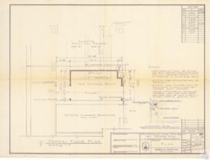 ["The document is a detailed plan for modifications in the Rayburn House Office Building, including relocation of existing light fixtures and fire extinguisher to accommodate new storage room partitions. New partitions will be built around existing water pipe and sprinkler system. It also includes instructions for new doors and a precast reinforced concrete lintel over each door. The project is coordinated by an engineer, approved by Architect of the Capitol, George M. White. The plan includes existing painted stripes and parking spaces, a key shop, and a locksmith department. It also shows the location of the north-east corner of the third garage level."]