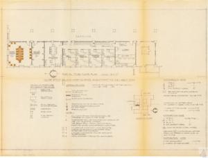 ["The document describes a partial third floor plan of the House Office Building Annex#2, specifically developed for the Credit Union. The plan includes a corridor, check counter, Xerox area, lobby, conference room, equipment room, bookkeeping office, and manager's counter. The scale of the plan is 1/6=1'-0. The plan also includes furniture and work legend, and specific provisions for furniture, telephones, corridor doors, a sound and movement alarm system, a holdup alarm system, and an electric lock on the door. It was distributed on July 30, 1975, and revised as per Mr. Robert Hess's comments, with the final revision approved on October 19, 1976."]