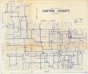 ["This document represents a comprehensive road map of various counties, including Garvin, Carter, and Murray in Oklahoma, featuring detailed township boundaries, county lines, and commissioner's districts. In addition to roads, it includes state highways, railroads, school locations, and an army air base. The map also identifies several towns such as Tussey, Homer, Tatum, Ratliff, and Pruitt. It is identified as Albert Maps #150 and can be found in Albert Projects Box 1, Folder 25, Maps F9."]