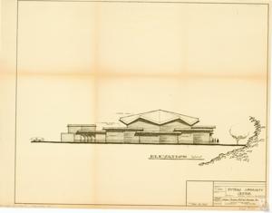 ["The document is a project map for the Poteau Community Center in Le Flore County, Oklahoma. Project number T-259, it details materials such as concrete shell, plaster, and metal fascia's. It was traced by Hudgins, Thompson, Ball and Associates, a planning and engineering firm based in Oklahoma City. The project was checked at the 700 Mayo Building in Tulsa, Oklahoma and is stored in Box 5, Folder 18 under item 173.1 of the Carl Albert Center. The scale of the map is 1/16-1'-0. The project was completed in 1967."]