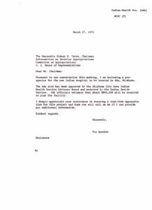 Correspondence Between Sidney Yates and Congressman Carl Albert Regarding New Indian Hospital , 1974-08-12 - 1975-03-12