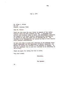 Correspondence Between Congressman Carl Albert, Raymond James, and Wilma L. Nelson Regarding the Proposed Indian Hospital, 1975-05-06 - 1975-07-01