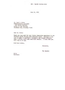 Correspondence Regarding Oklahoma Health Service Area Governing Board Members and Sub-Area Councils, 1975-07-08 - 1975-07-25