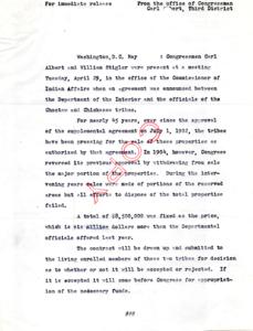 Press Release Announcing Agreement Between the Department of the Interior and the Officials of the Choctaw and Chickasaw Tribes