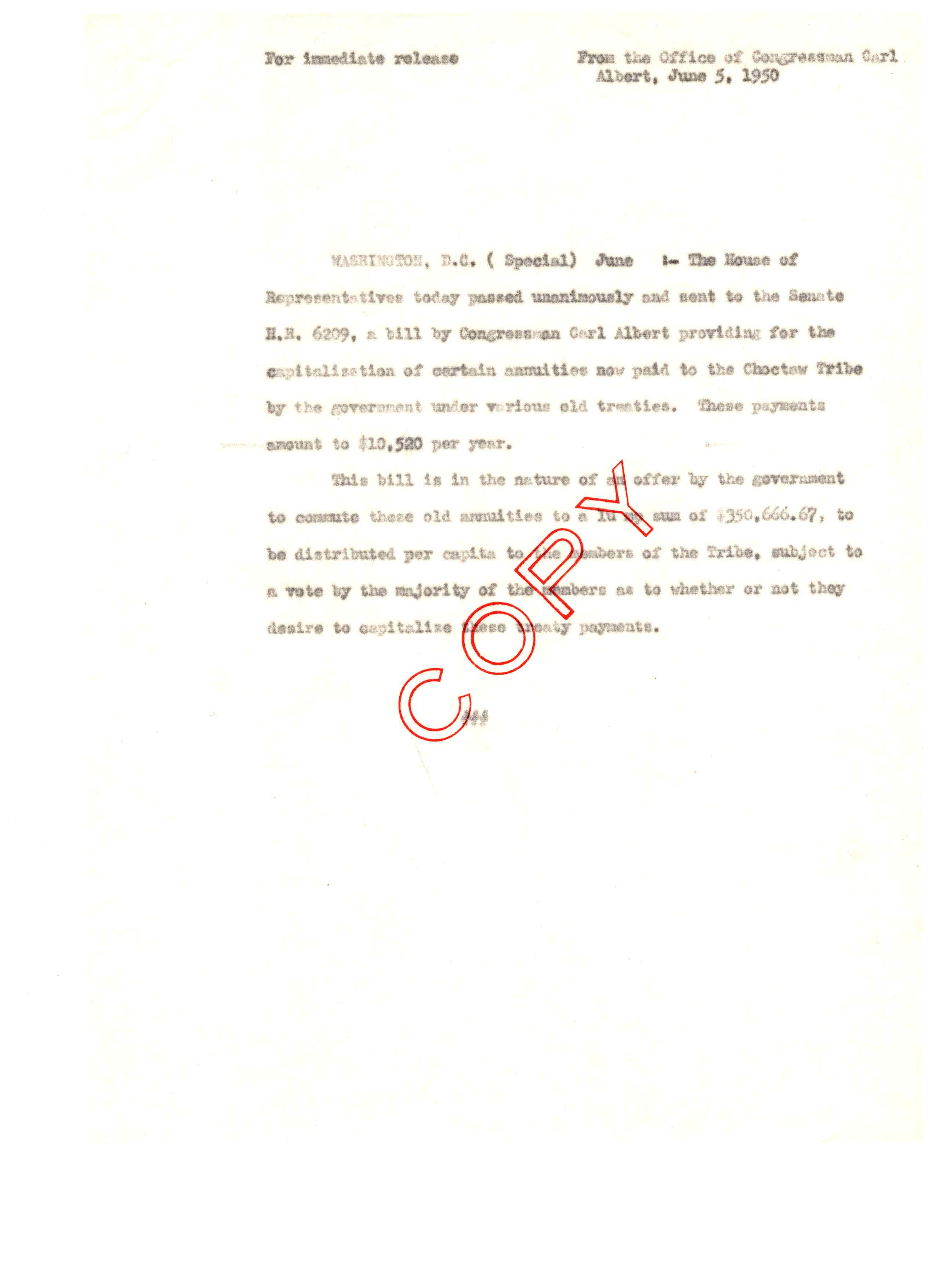 Press Release Announcing the Passing of Capitalization Bill H.R. 6209 in the House, 1950-06-05