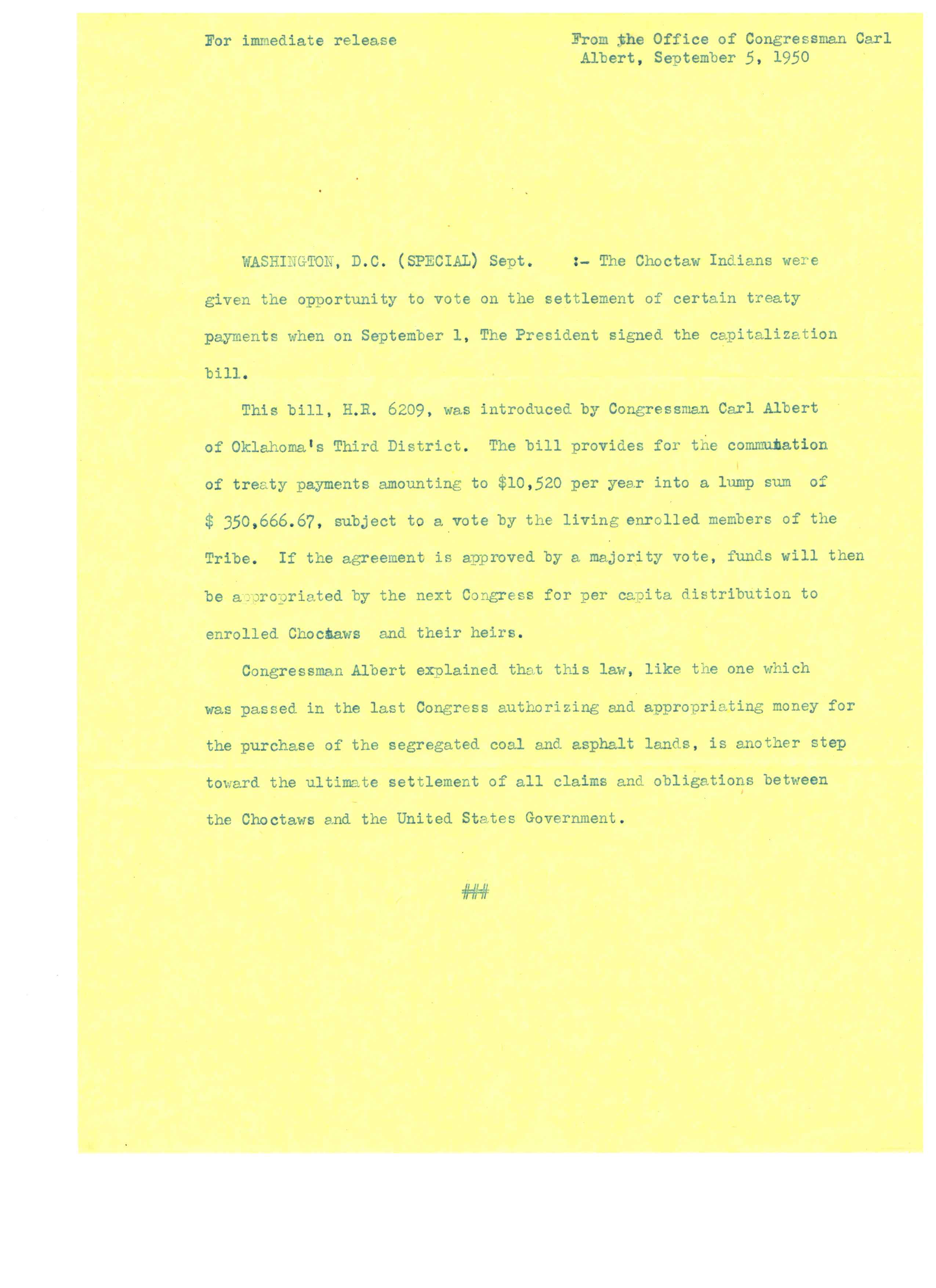 Press Release Announcing the Passing of the Capitalization Bill, 1950-09-05