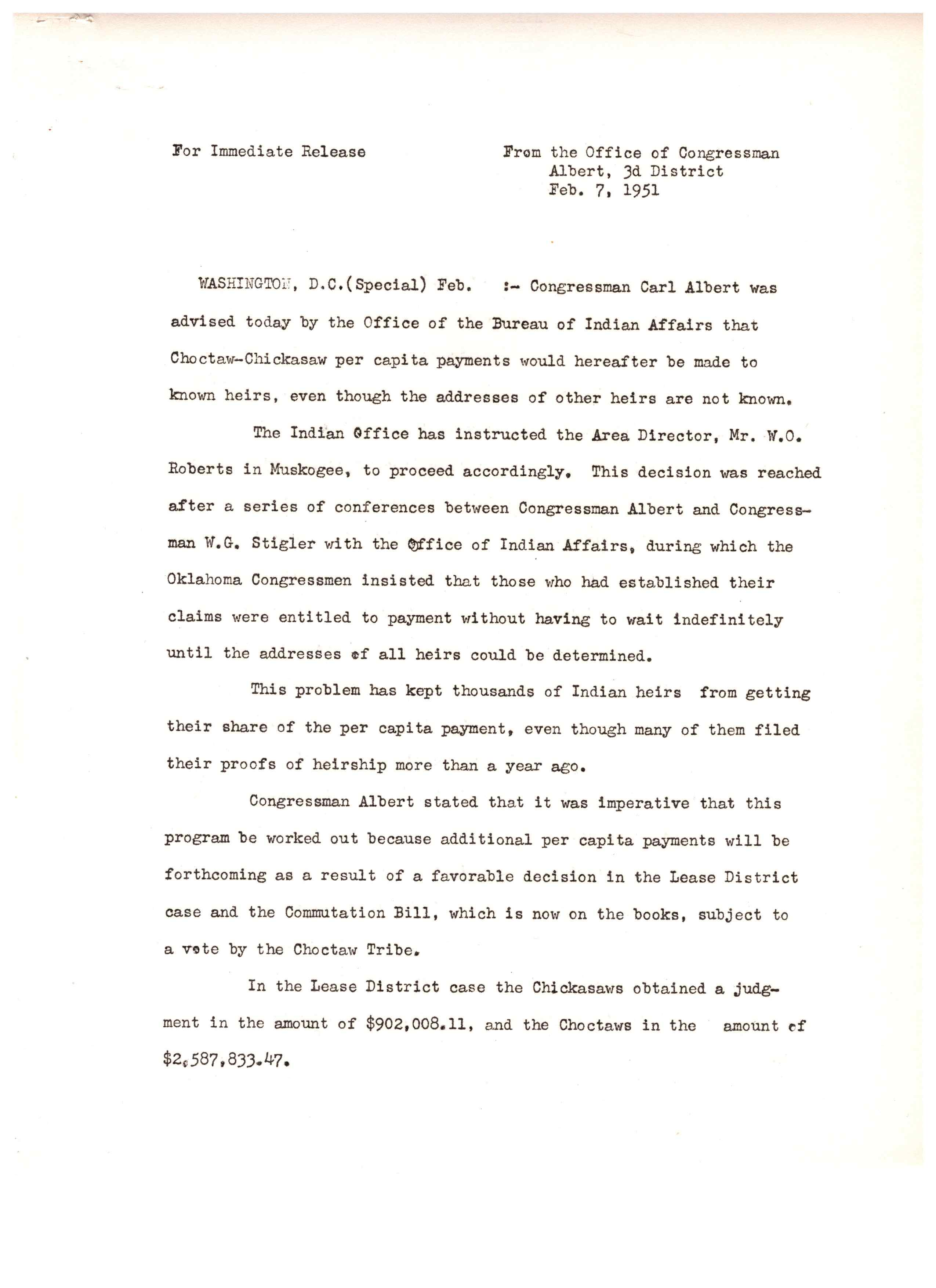 Press Release Announcing Per Capita Payments to Choctaw-Chickasaw Known Heirs, 1951-02-07
