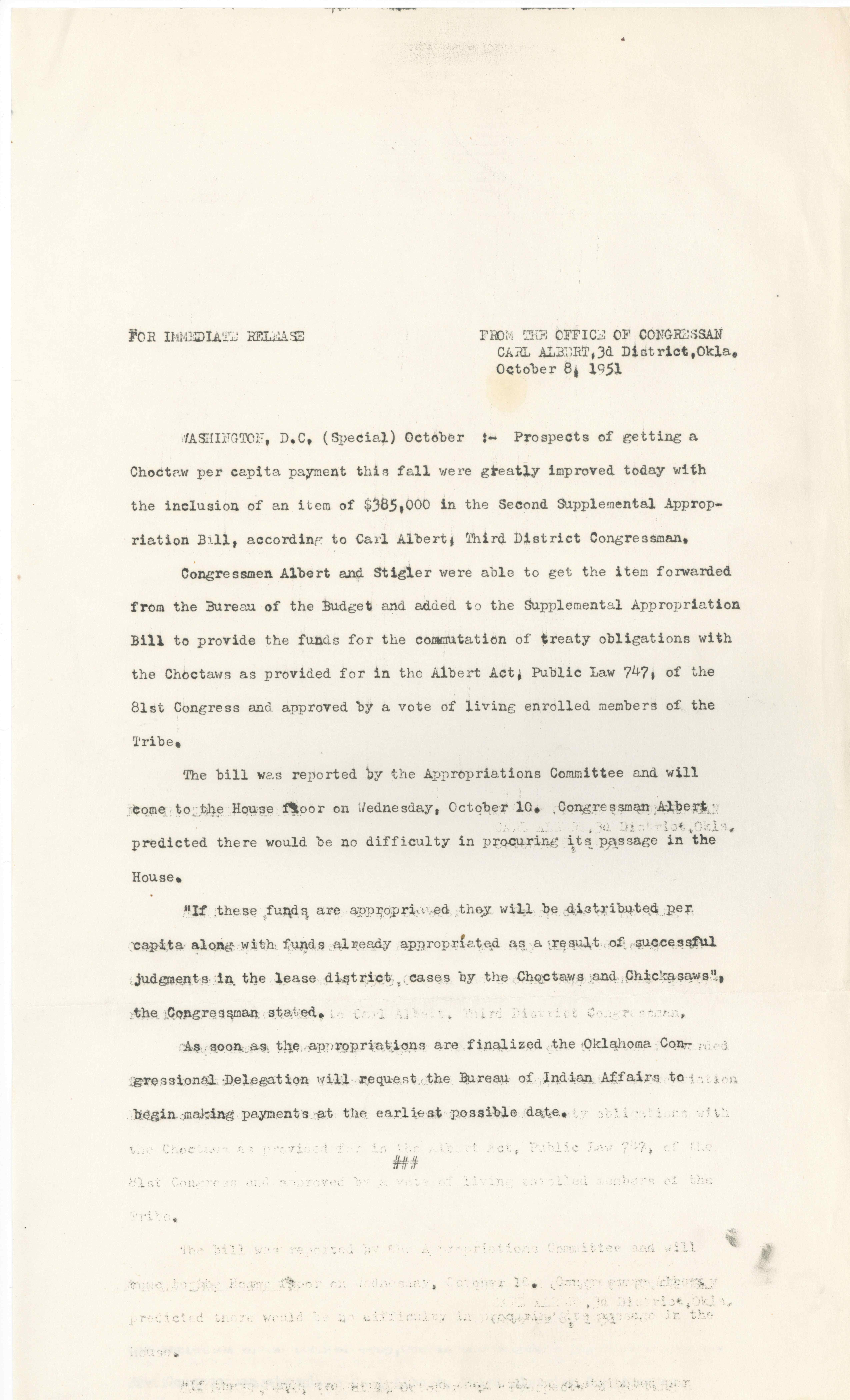  Press Release Announcing the Second Supplemental Appropriation Bill Passed Committee