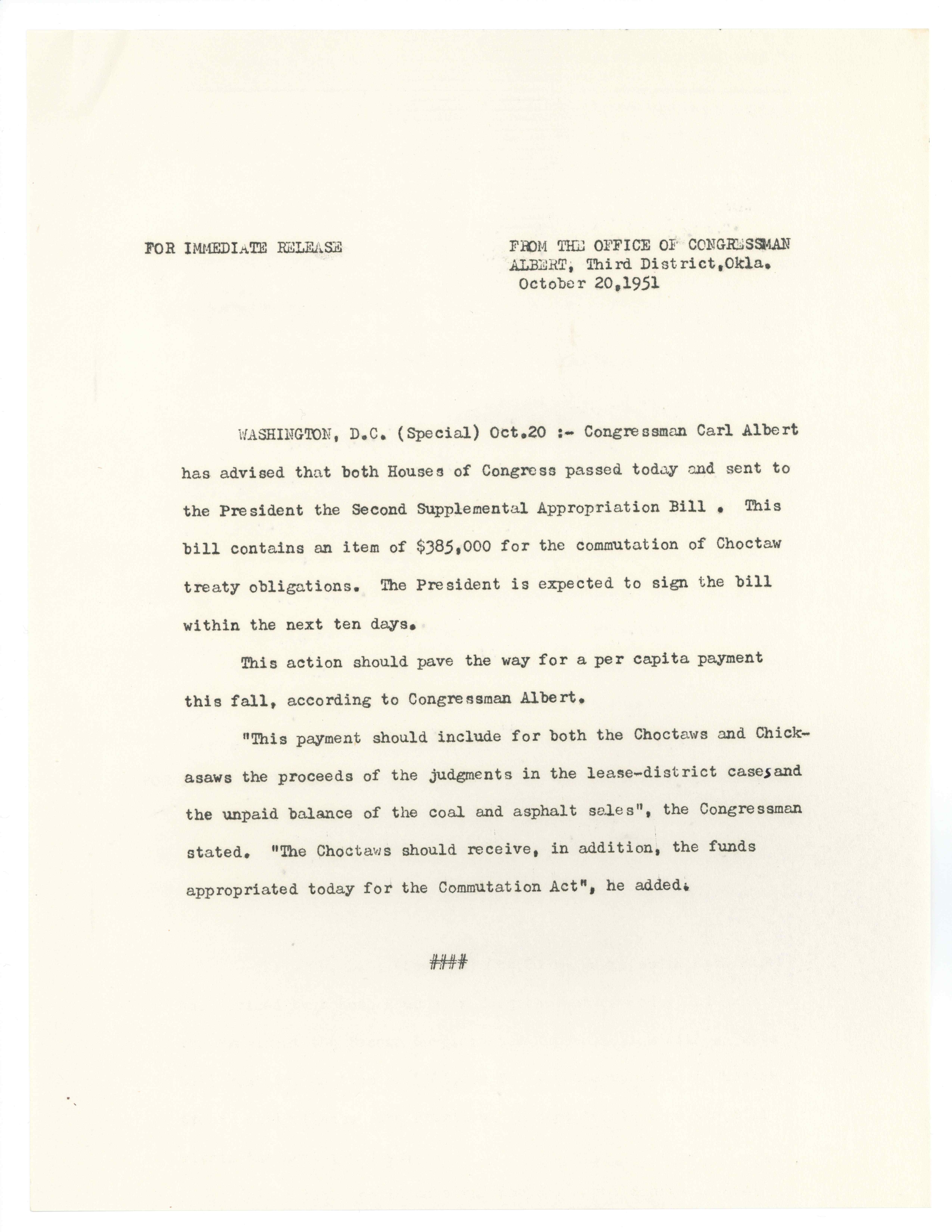 Press Release Announcing the Passing of the Commutation Act, 1951-10-20