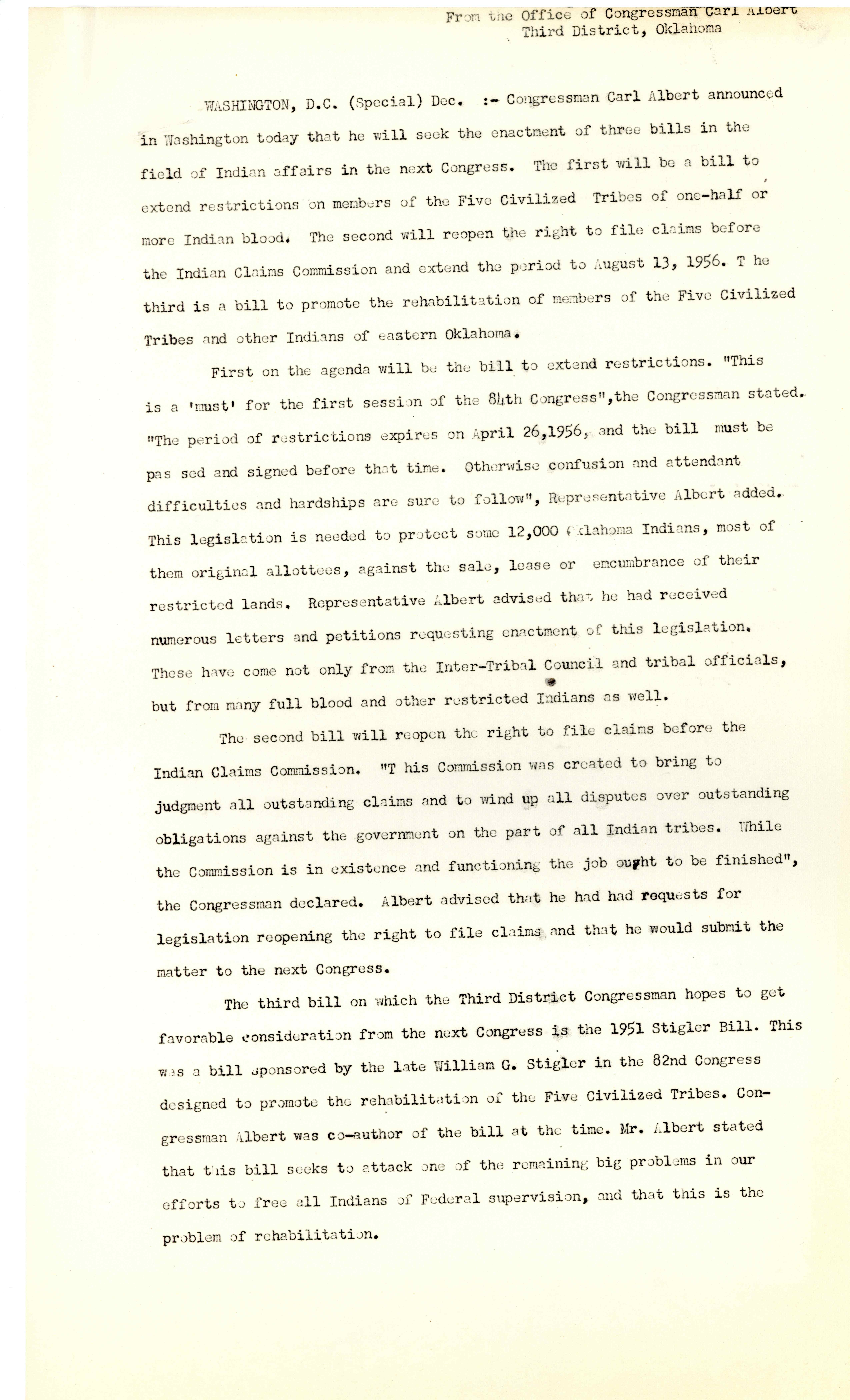 Press Releases and Notes Announcing Congressman Albert's Intentions to Enact Three Bills, 1952