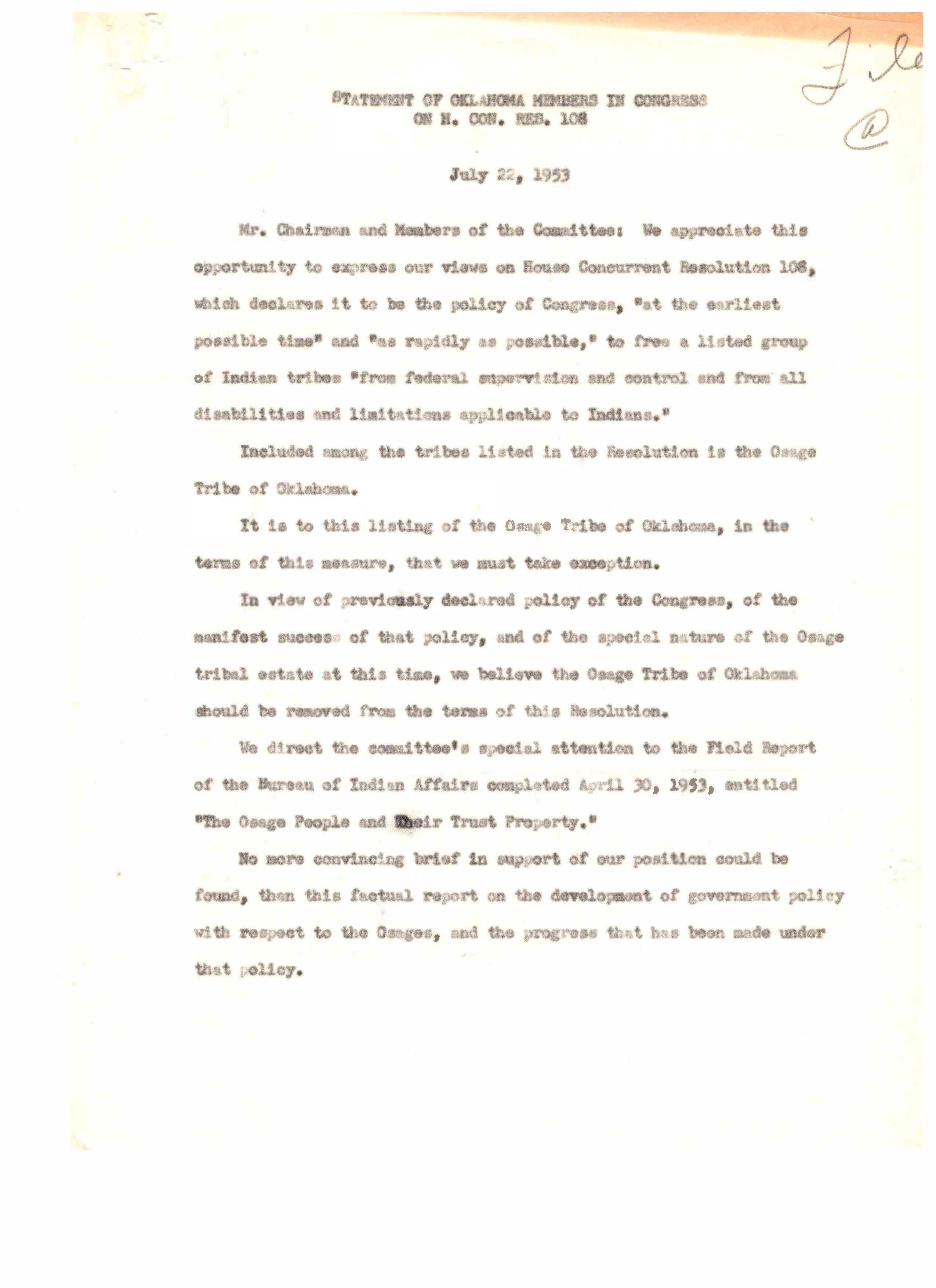 Statement of Oklahoma Members in Congress on H. Con. Res. 108, 1953-07-22