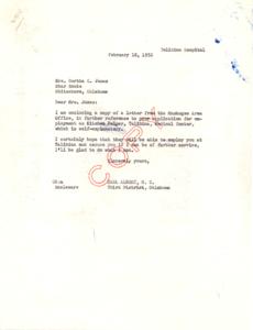 ["Mrs. Bertha C. James applied for a job as a Kitchen Helper at Talihina Medical Center and Honorable Carl Albert, M.C. is advocating on her behalf. The Muskogee Area Office received her incomplete application and will consider her for any vacancies once it is complete. Albert is following up with the office to inquire about potential job opportunities for James. Dr. D.W. Gillick, Chief Medical Officer at Talihina Hospital, has also been involved in the process."]