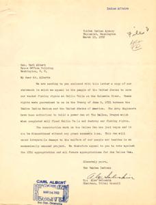 ["The Yakima Indians are appealing to Honorable  Carl Albert to save their fishing rights at Celilo Falls on the Columbia River, which are guaranteed in a treaty from 1855. They argue that the construction of a dam at The Dalles, Oregon will destroy their fishing locations and have a negative impact on their welfare and economy. They believe that the dam is unnecessary and should be discontinued to preserve their rights and way of life."]