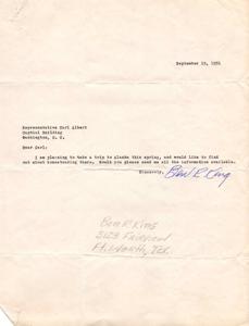 ["Ben Epting is planning a trip to Alaska and is seeking information about homesteading. He writes to Representative Carl Albert, who then contacts the Bureau of Reclamation and Bureau of Land Management to request information for Ben R. King in Fort Worth, Texas. The Bureau of Land Management sends information to Mr. King regarding homesteading in Alaska."]
